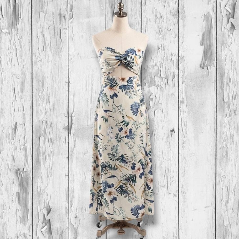 SHEIN Tropical Floral Strapless Cutout Midi Dress – Large (US 8/10) - Picture 1 of 7